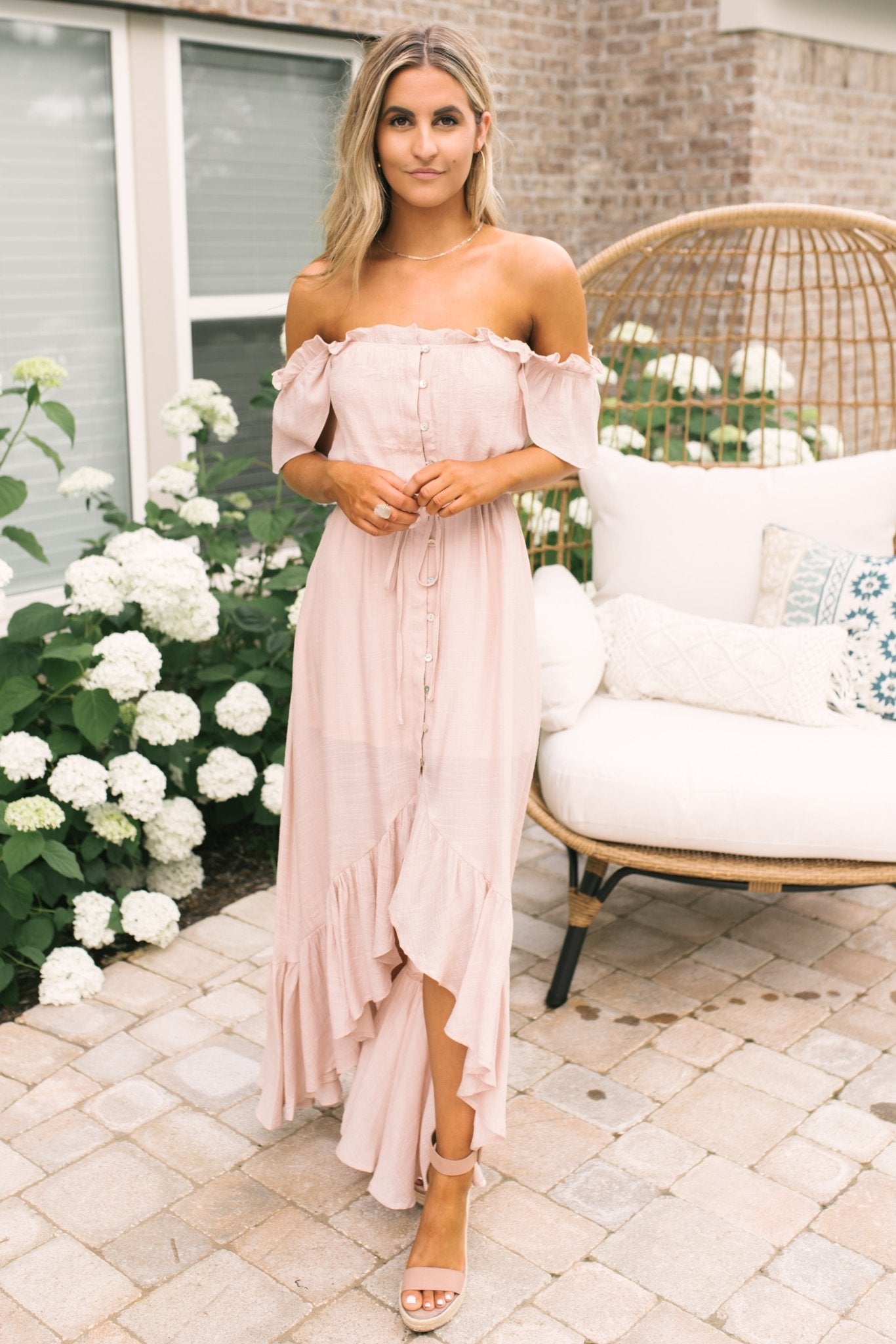 Blush Off the Shoulder Button Down High Low Maxi 29 reviews