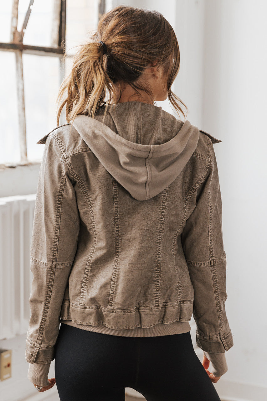 Grey Hooded Long Sleeve Vegan Leather Jacket 