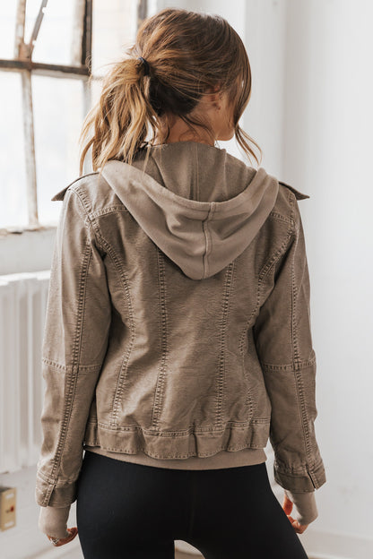 Grey Hooded Long Sleeve Vegan Leather Jacket 