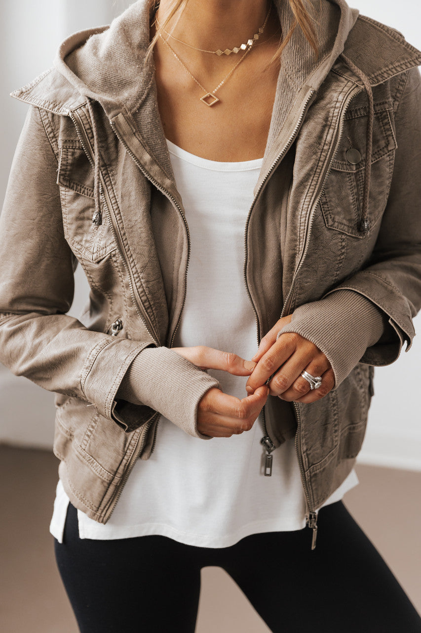 Grey Hooded Long Sleeve Vegan Leather Jacket 