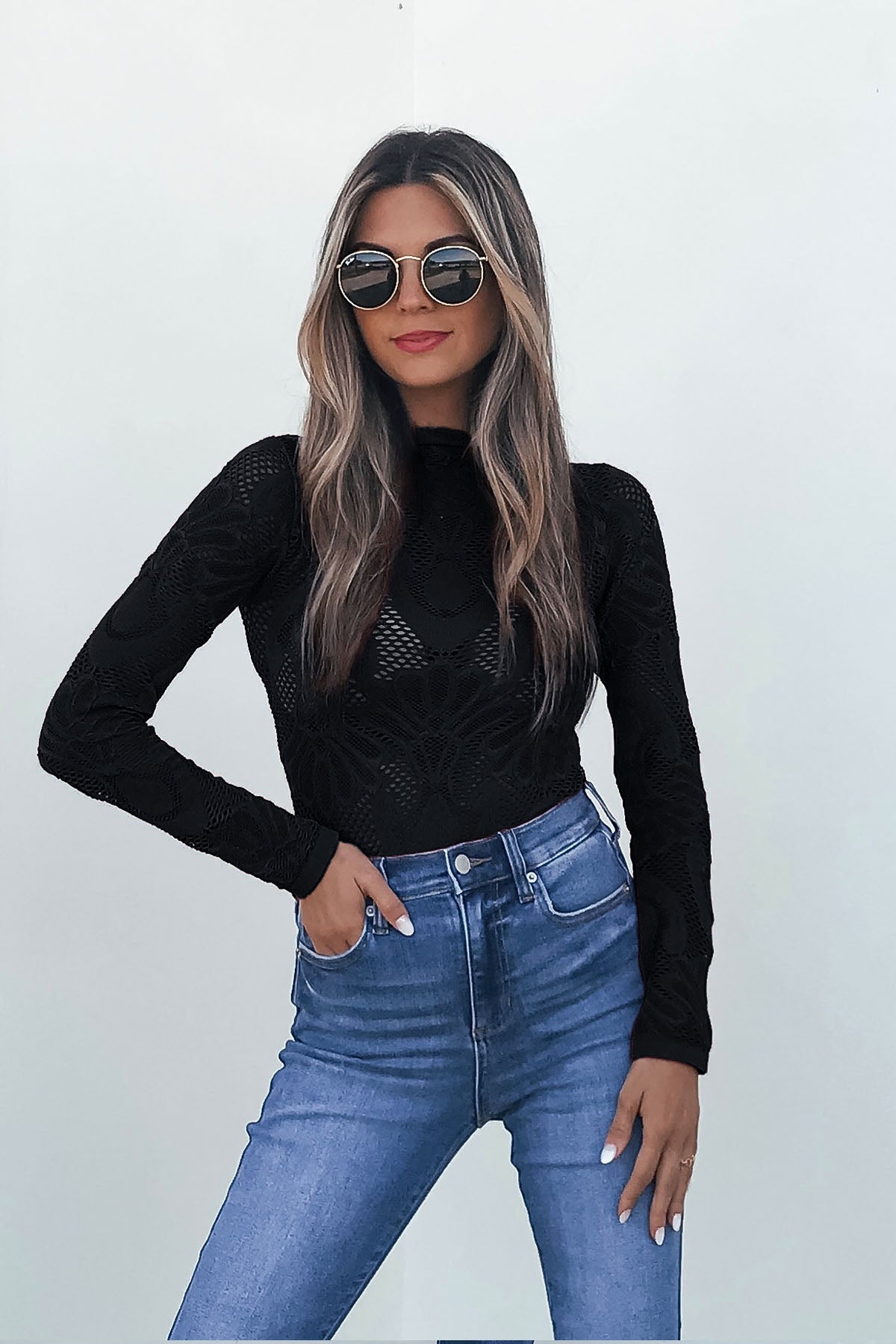 Black Mock Neck Fishnet Top