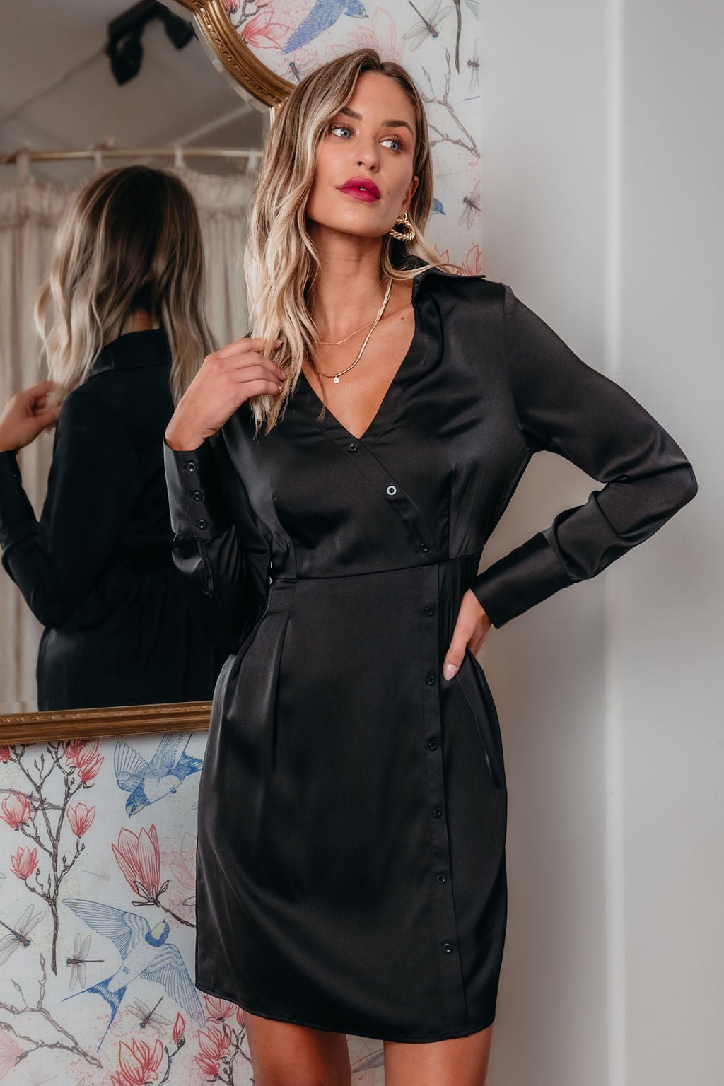 Black V-Neck Satin Mini Dress
