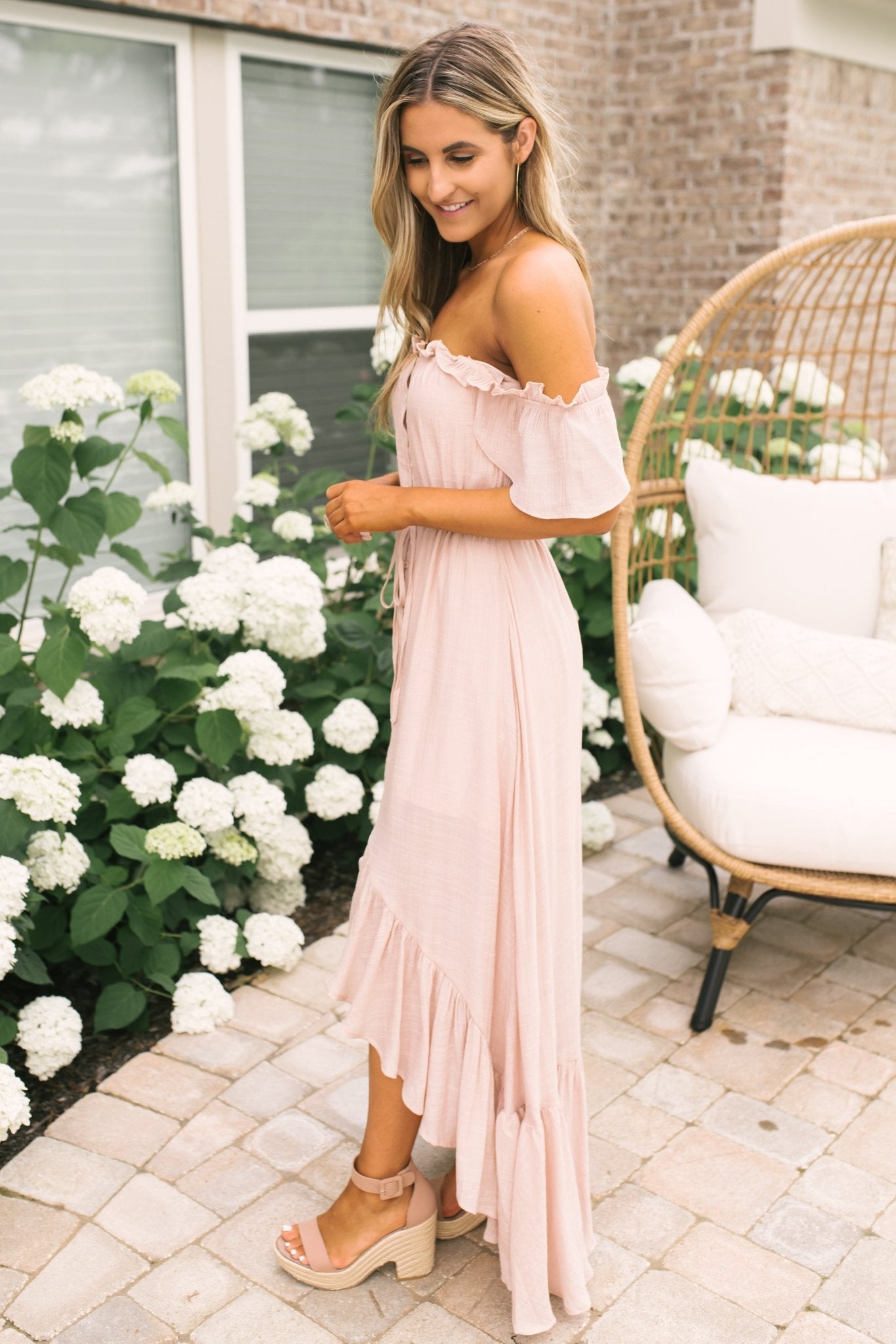 Blush Off the Shoulder Button Down High Low Maxi 29 reviews