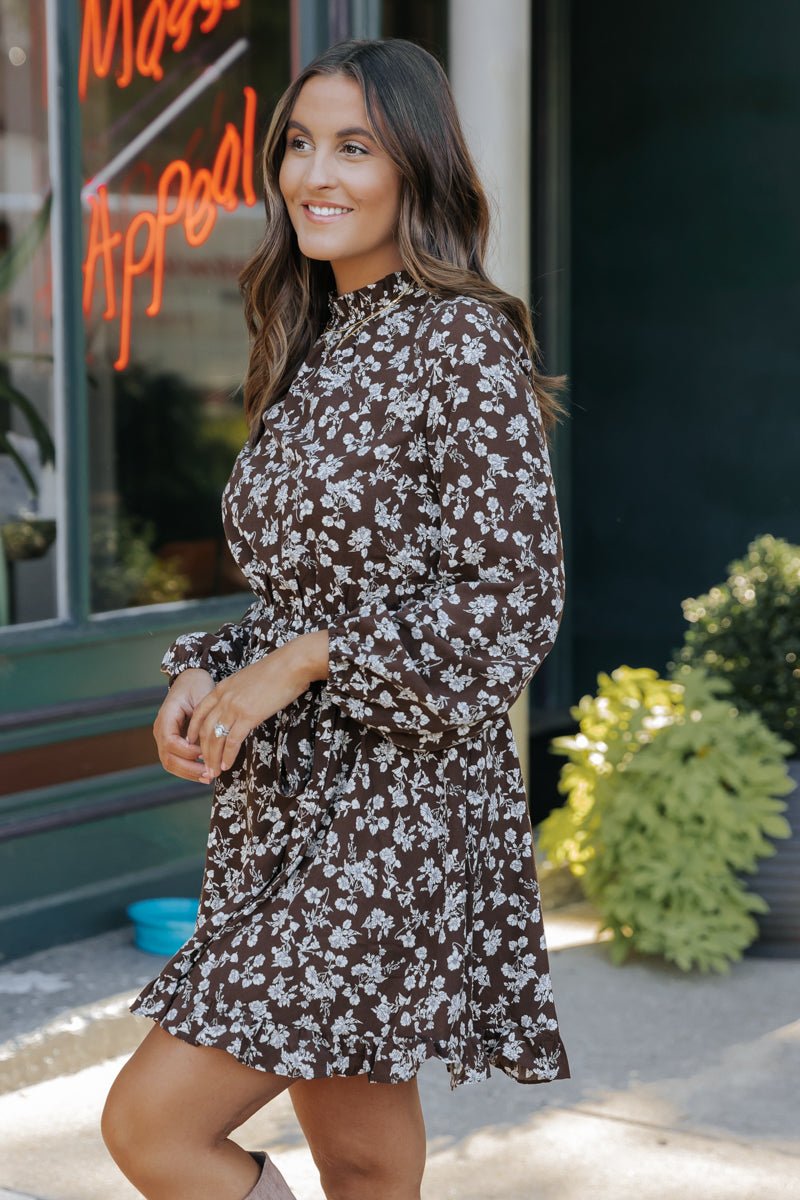Brown Floral Tie Waist Mini Dress