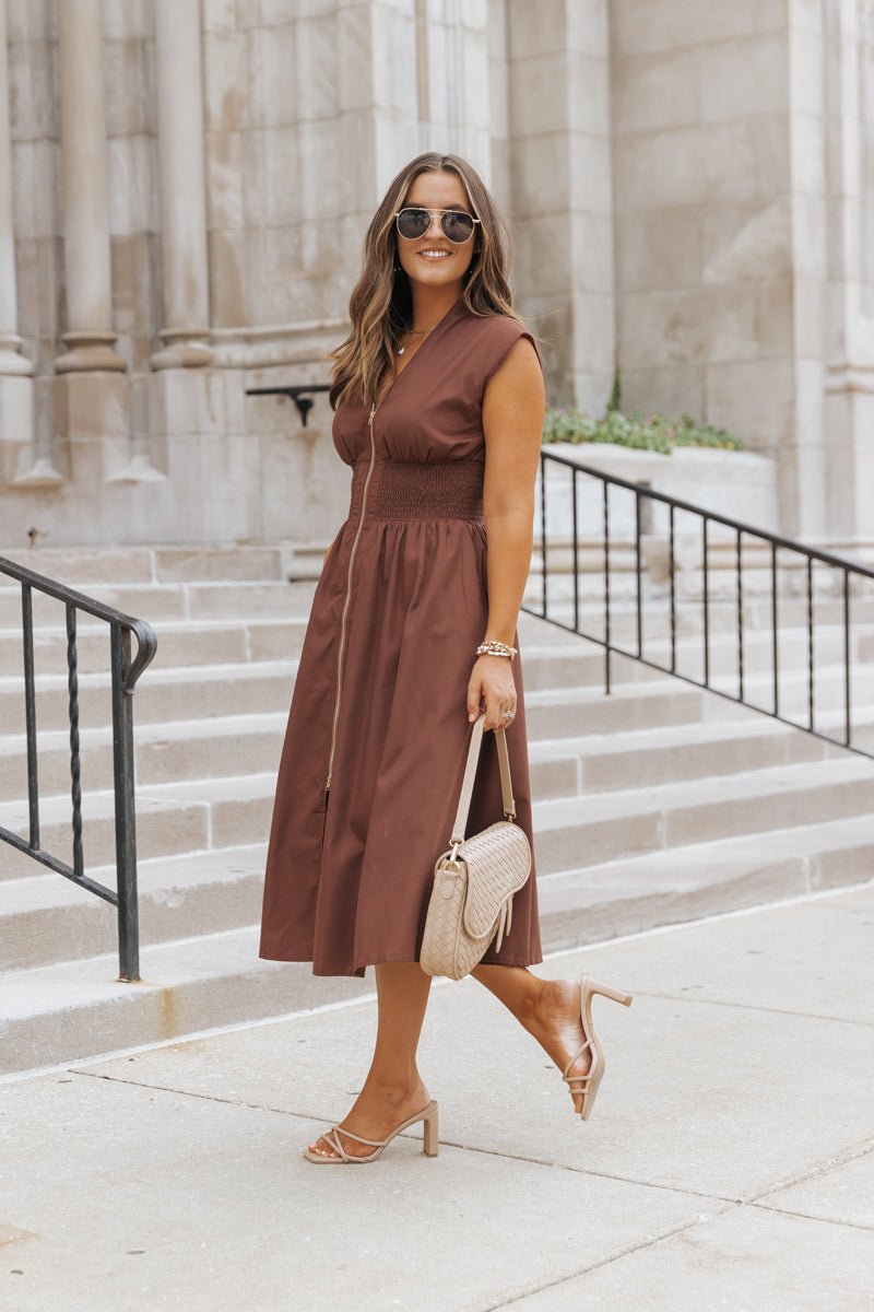 Cap Sleeve Smocked Front Zip Shirt Dress