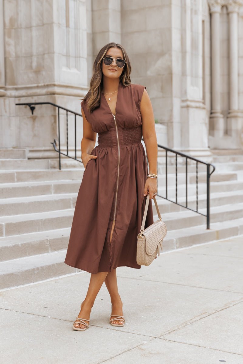 Cap Sleeve Smocked Front Zip Shirt Dress