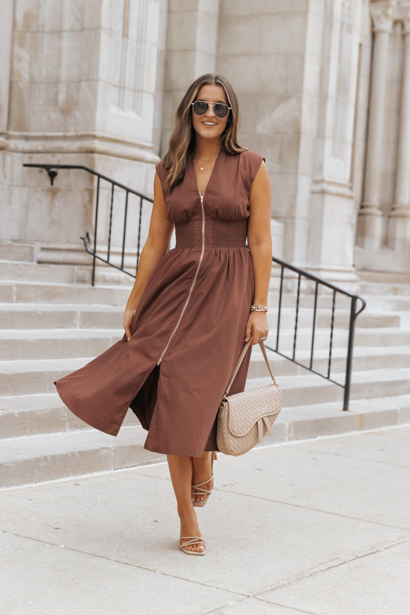 Cap Sleeve Smocked Front Zip Shirt Dress
