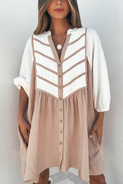 Woman in Cream Color Block Tunic Dress-FINAL SALE with chevron accents, bubble sleeves, and a flowy tunic silhouette.