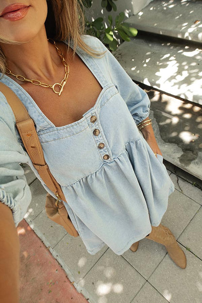 Denim Button Detail Babydoll Mini Dress - Magnolia Boutique