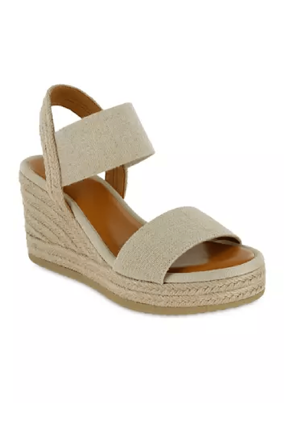 MIA Brittni Natural Wedge Espadrille Sandals feature two wide fabric straps and a textured sole, shown angled on a white background.