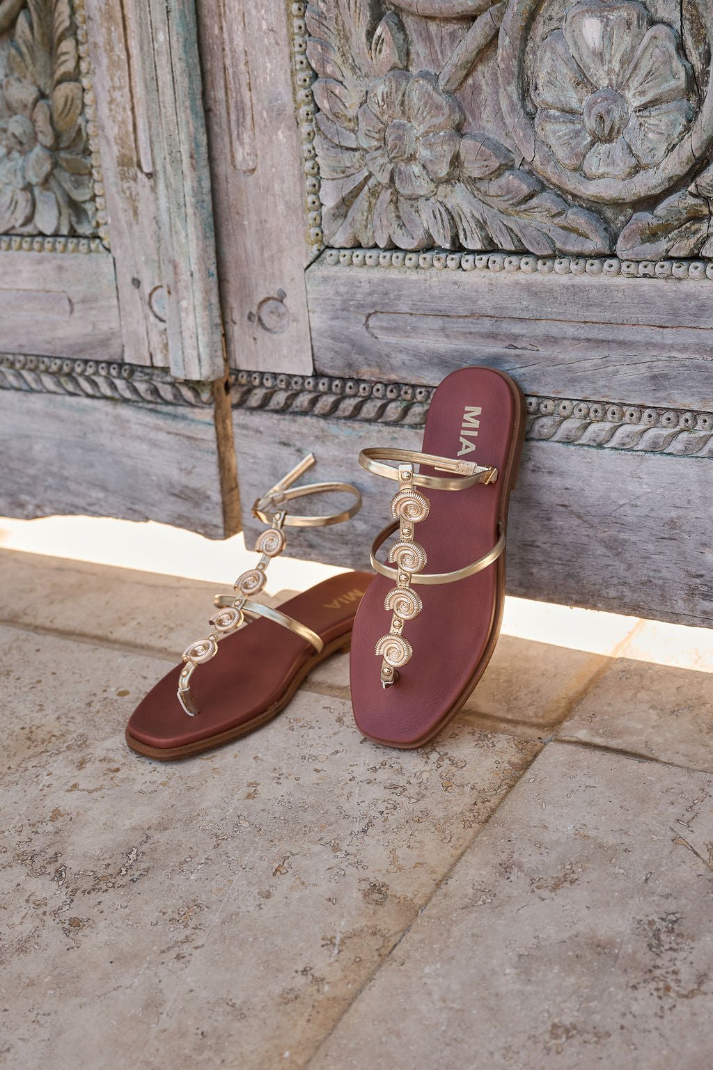 MIA Dorcie Strappy Sandals in gold with spiral straps and contoured footbed—perfect for summer style. FINAL SALE.