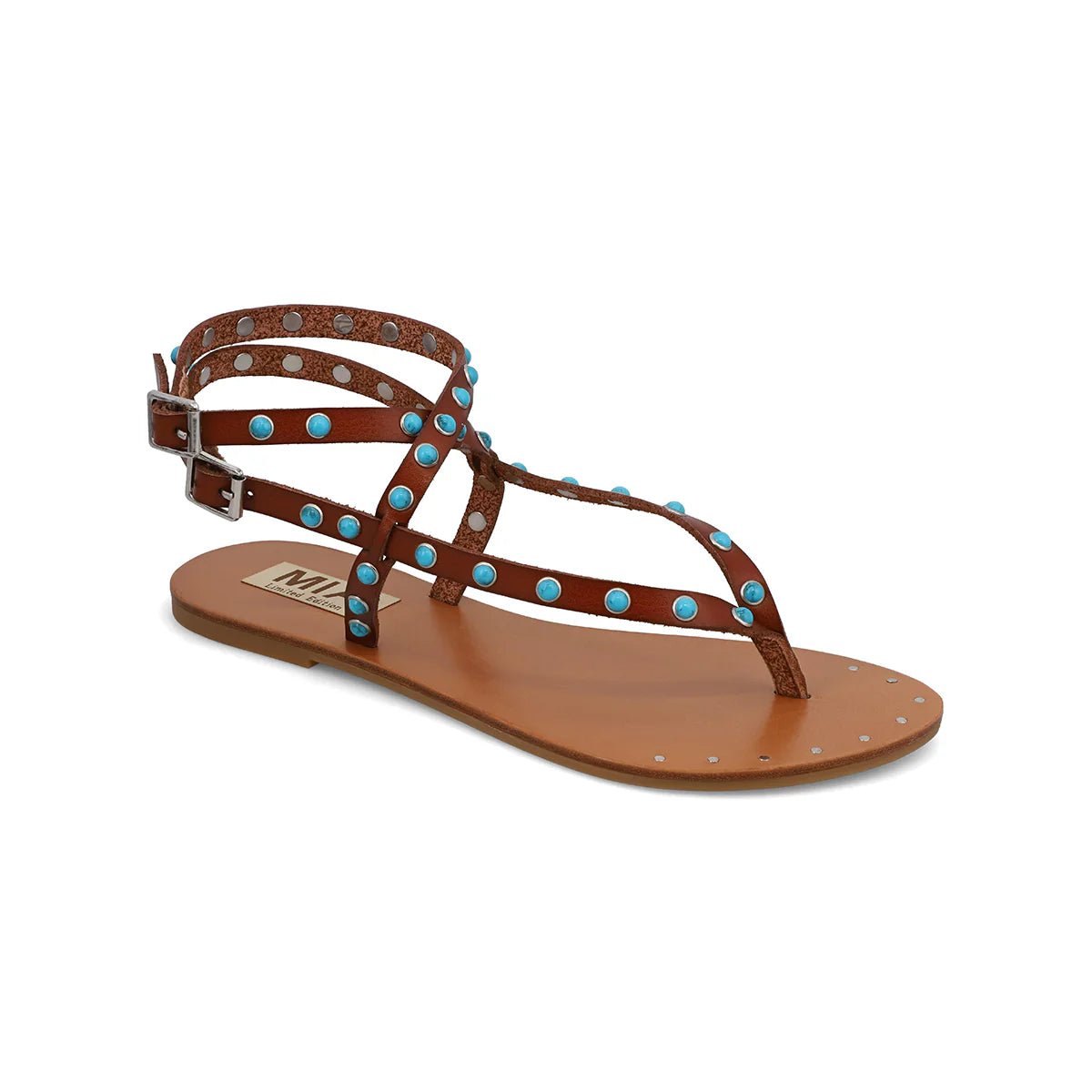 MIA Tahirah Stone Sandals in Tan: vegan leather gladiator flats with blue studs and ankle straps. FINAL SALE.