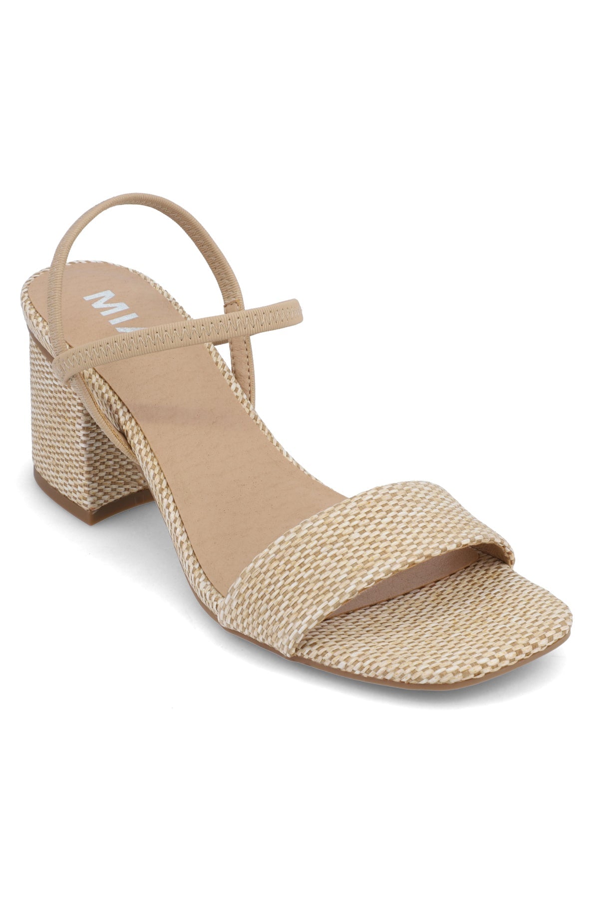 The MIA Zissy Natural Strappy Heels are beige woven-block heels with straps, perfect for women’s summer outfits.