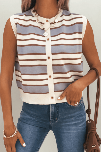 Woman wearing a Multi Blue Striped Sweater Vest, blue jeans, gold jewelry, and holding a brown bag against a plain background.