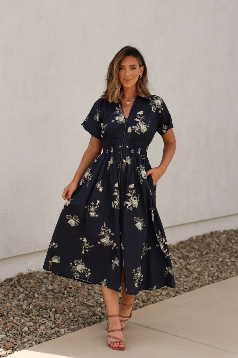 Pumpkin Spice Black Floral Zip Midi Dress