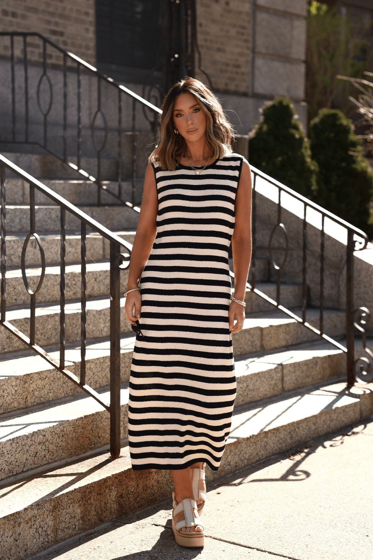 Sleeveless Black and Beige Striped Midi Dress