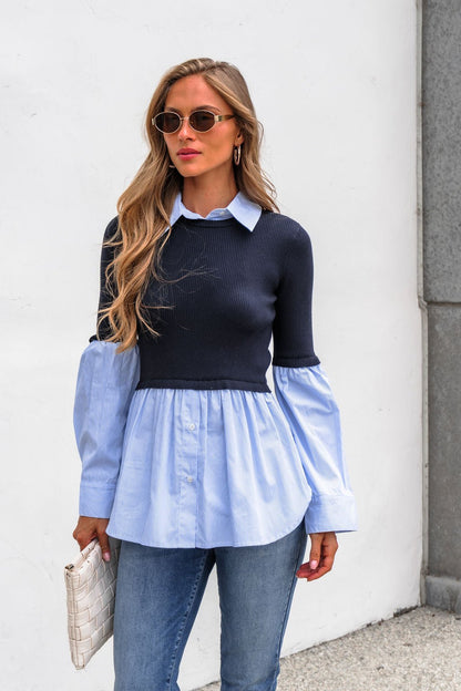 Woman in sunglasses, Steve Madden Lenny Top - Navy, jeans, and white clutch stands against a white wall.