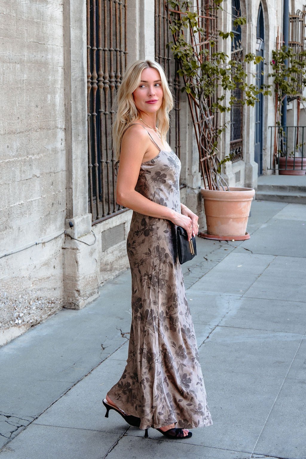 Taupe Floral Satin Slip Dress