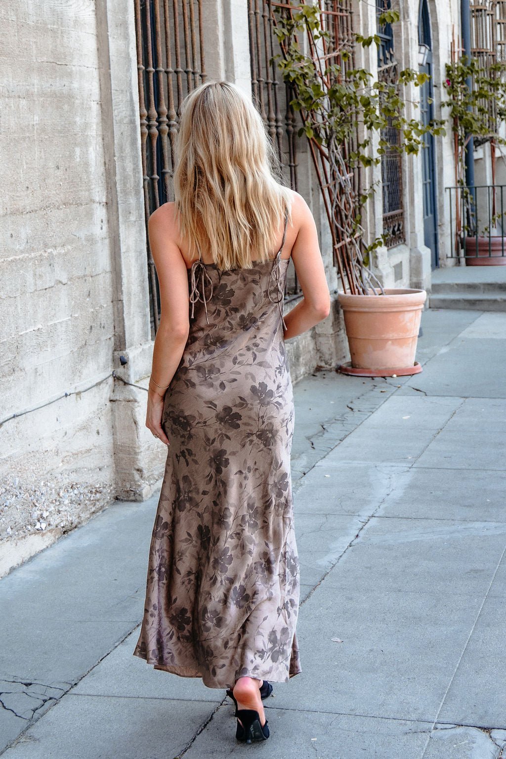 Taupe Floral Satin Slip Dress
