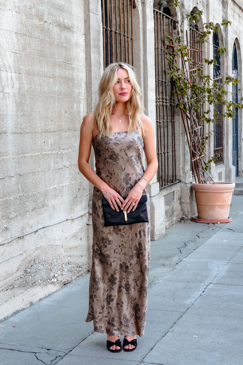 Taupe Floral Satin Slip Dress