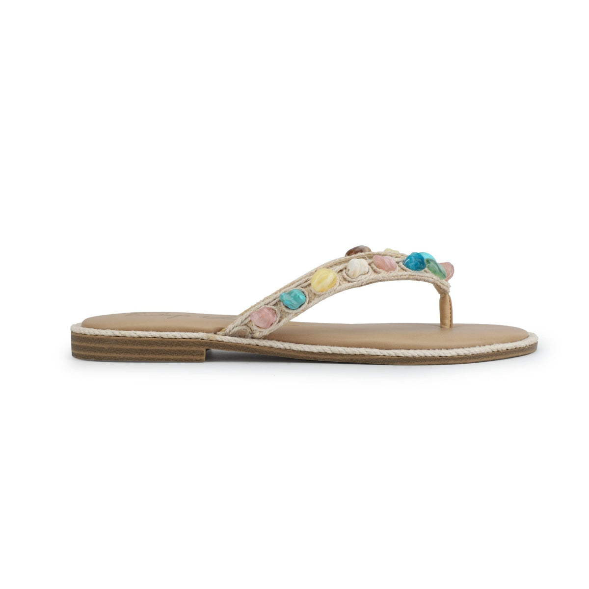 The Vintage Havana Sandy Beige Gemstone Flip Flops feature a flat tan thong strap with multicolored gems and a low wooden heel.