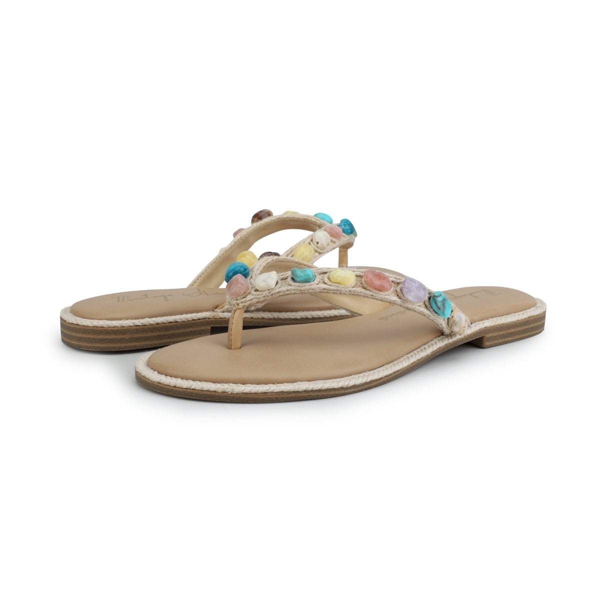 Vintage Havana Sandy Beige Gemstone Flip Flops—flat sole sandals for a chic, casual vintage look. Final sale.
