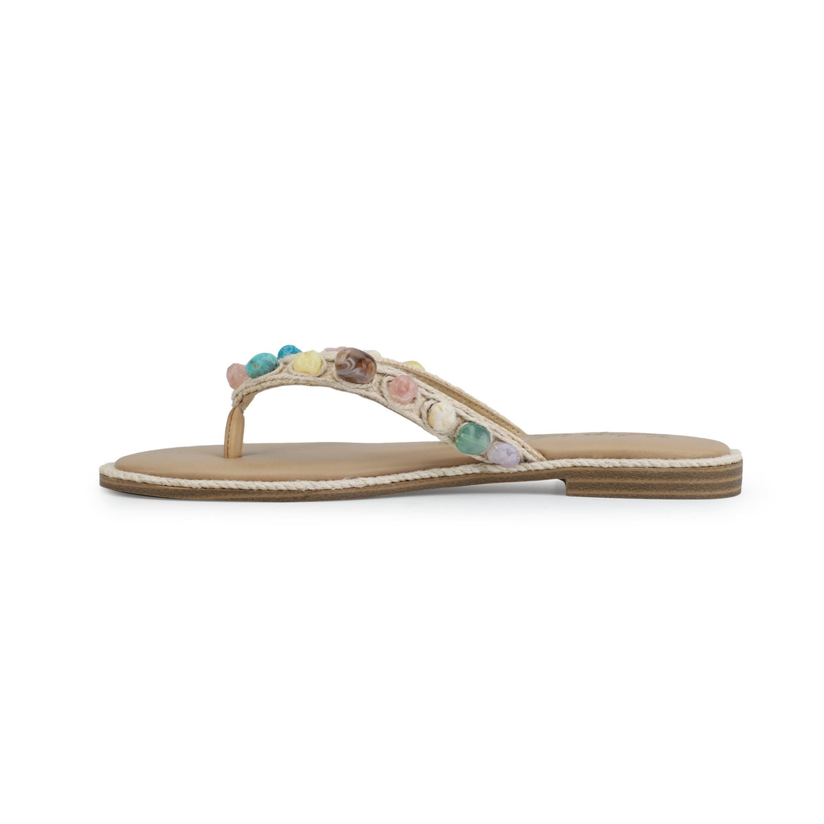 The Vintage Havana Sandy Beige Gemstone Flip Flops feature colorful gems on the thong strap—shown in a side view.
