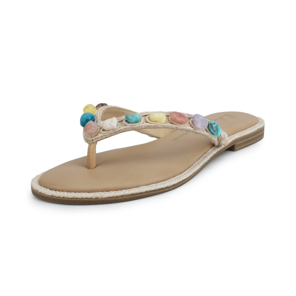 Vintage Havana Sandy Beige Gemstone Flip Flops with colorful stones and flat leather sole—FINAL SALE.