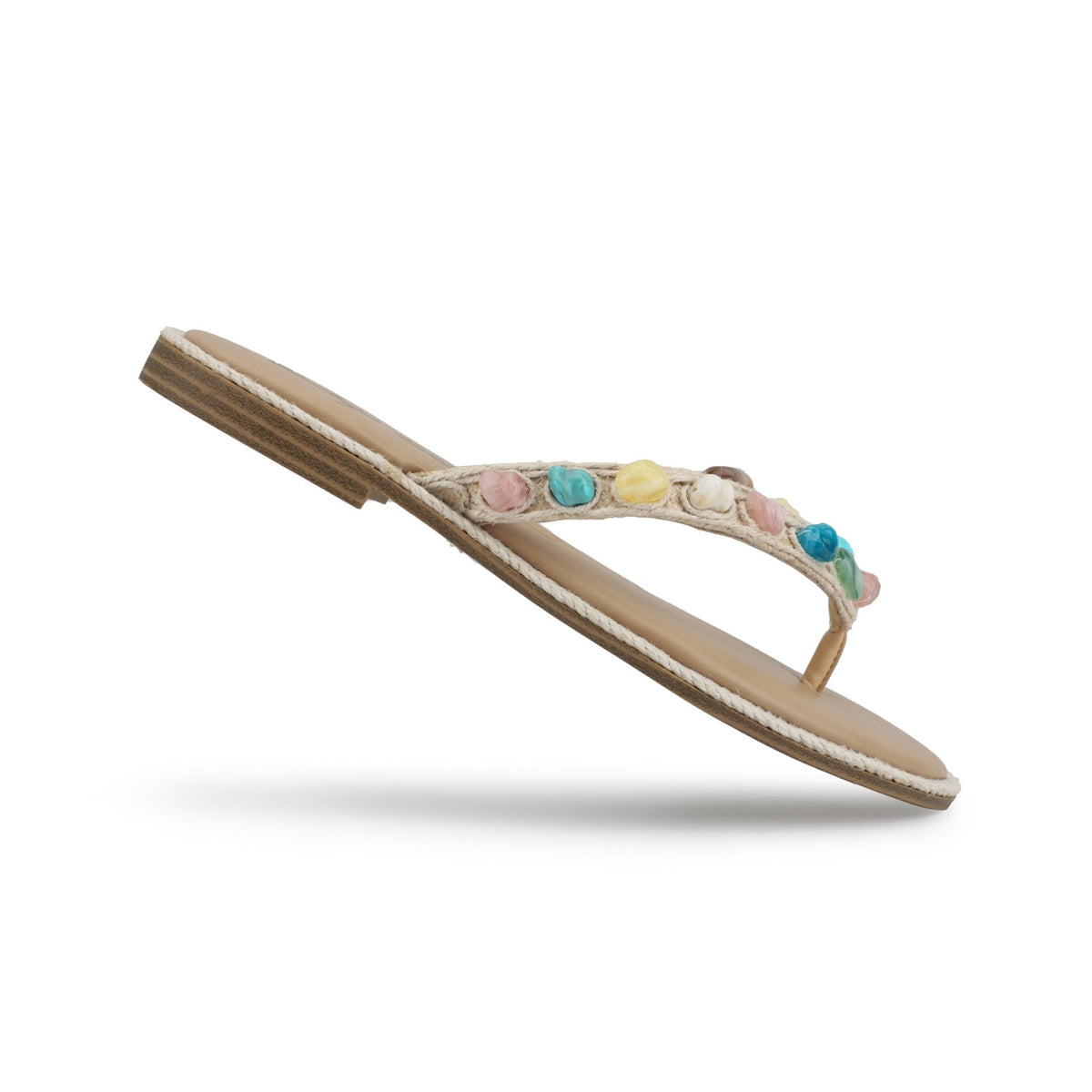 Vintage Havana Sandy Beige Gemstone Flip Flops with flat sole and colorful beads, shown against a white background.