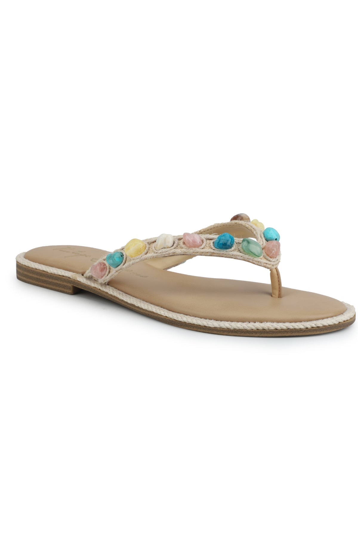 Vintage Havana Sandy Beige Gemstone Flip Flops with beaded strap and white trim, FINAL SALE, shown on white background.