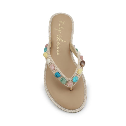 Vintage Havana Sandy Beige Gemstone Flip Flops with colorful stones on the straps. FINAL SALE.