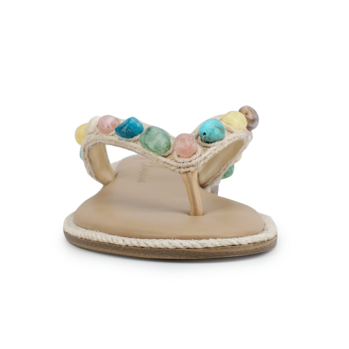 Front view of Vintage Havana Sandy Beige Gemstone Flip Flops with colorful beads, flat sole, and open toe - FINAL SALE.