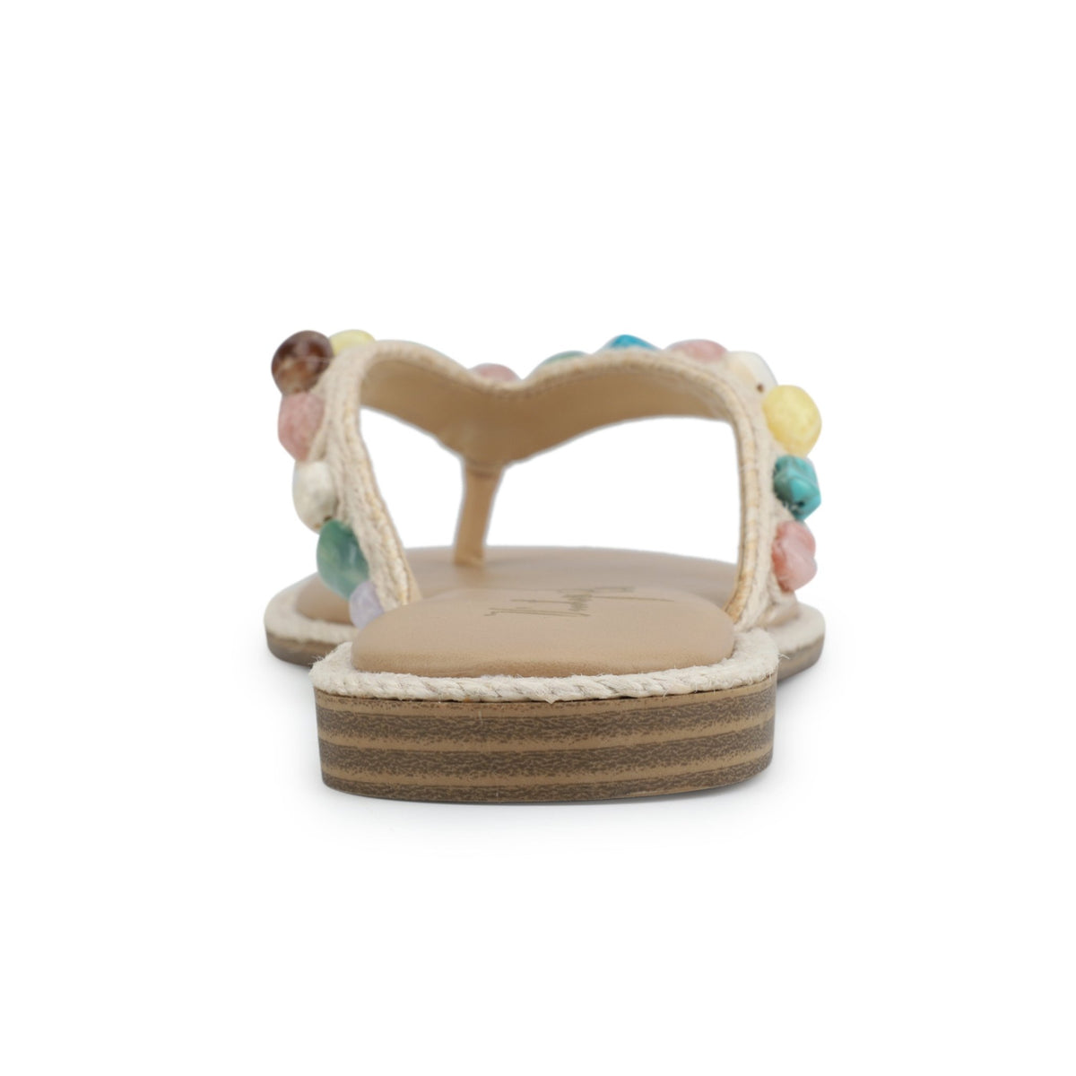 Front view of Vintage Havana Sandy Beige Gemstone Flip Flops, featuring colorful beads on straps, shown on a white background.
