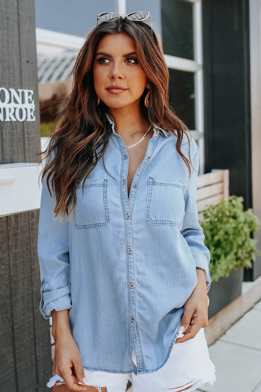 Button Down Light Wash Chambray Top - Magnolia Boutique