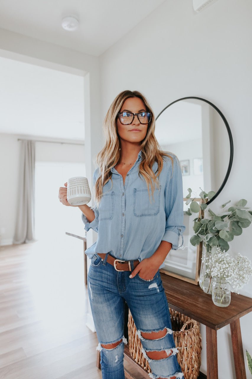 Button Down Light Wash Chambray Top - Magnolia Boutique