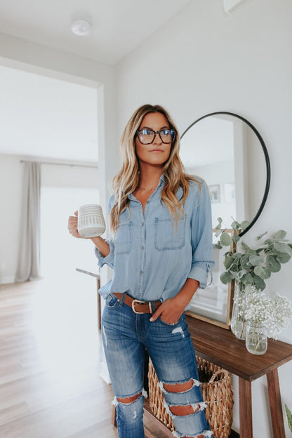 Button Down Light Wash Chambray Top - Magnolia Boutique