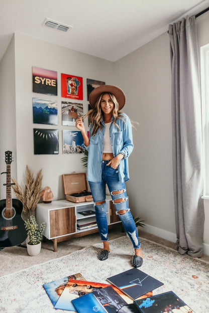 Button Down Light Wash Chambray Top - Magnolia Boutique