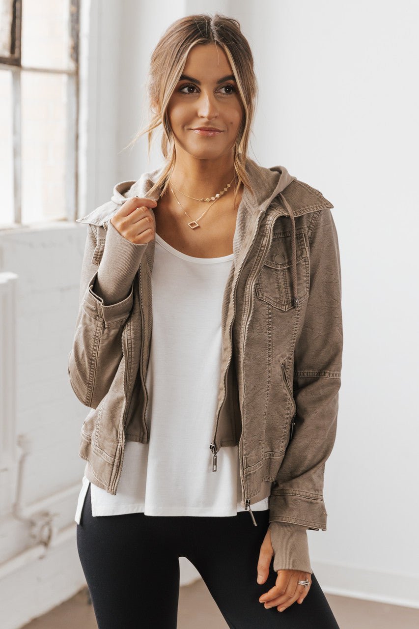 Hooded Sweatshirt Vegan Leather Grey Jacket - FINAL SALE - Magnolia Boutique
