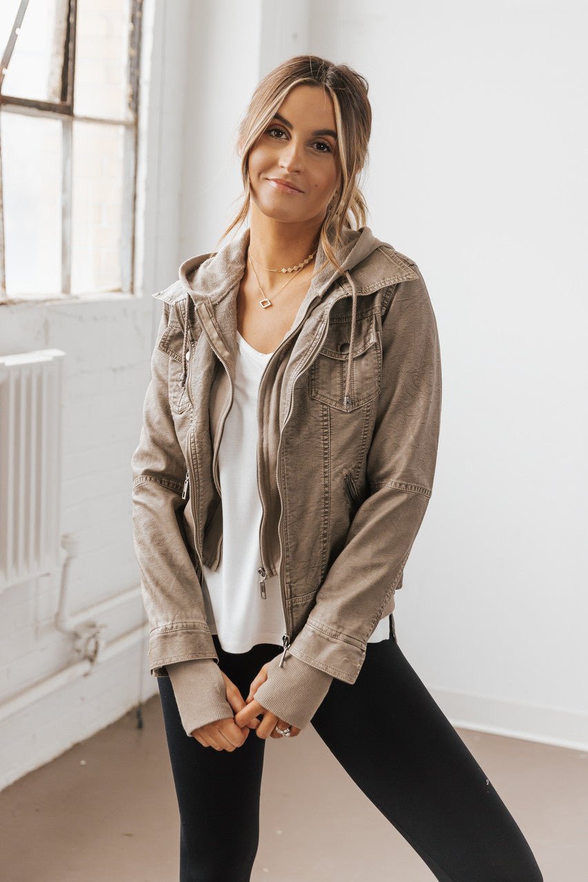 Hooded Sweatshirt Vegan Leather Grey Jacket - FINAL SALE - Magnolia Boutique