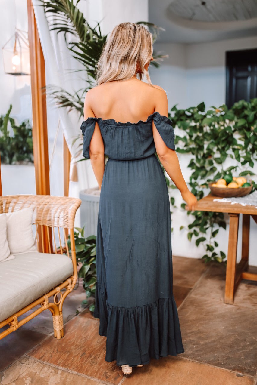 Off the Shoulder Button Down High Low Maxi - Navy - Magnolia Boutique