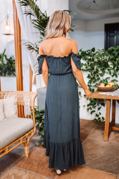 Off the Shoulder Button Down High Low Maxi - Navy - Magnolia Boutique