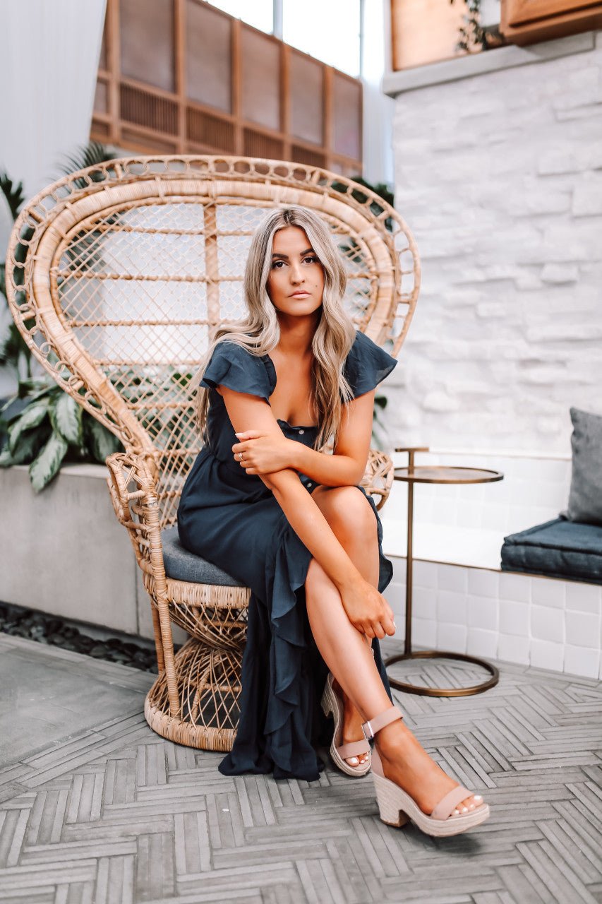 Off the Shoulder Button Down High Low Maxi - Navy - Magnolia Boutique
