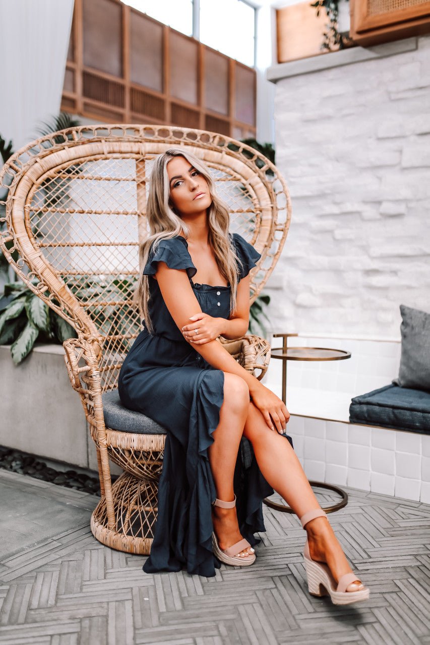 Off the Shoulder Button Down High Low Maxi - Navy - Magnolia Boutique