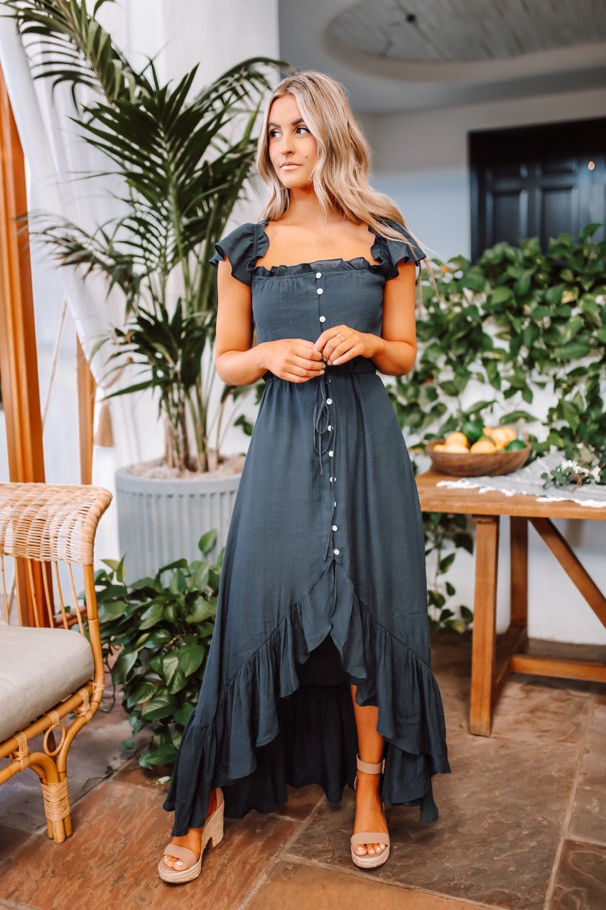 Off the Shoulder Button Down High Low Maxi - Navy - Magnolia Boutique