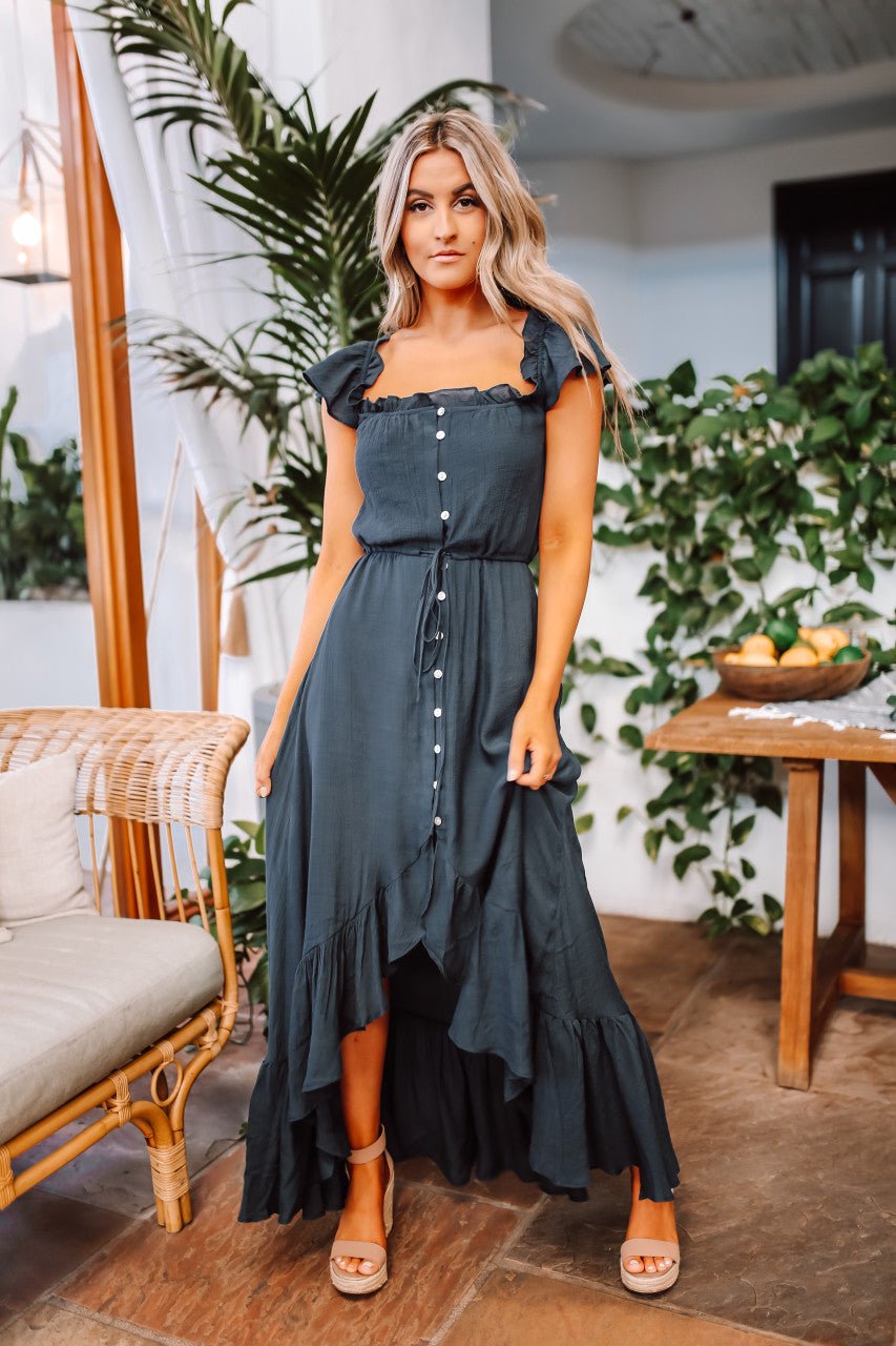 Off the Shoulder Button Down High Low Maxi - Navy - Magnolia Boutique