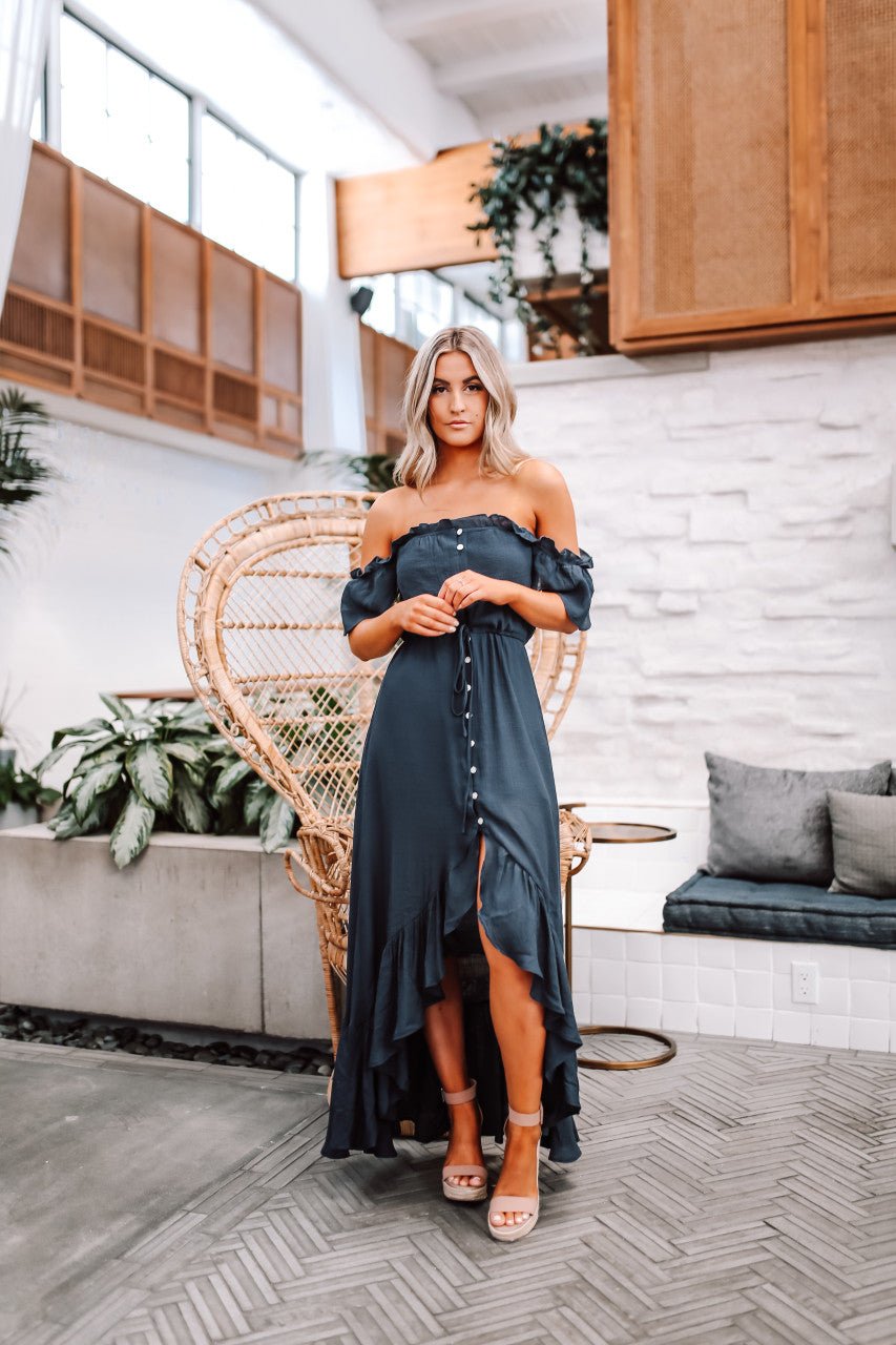 Off the Shoulder Button Down High Low Maxi - Navy - Magnolia Boutique