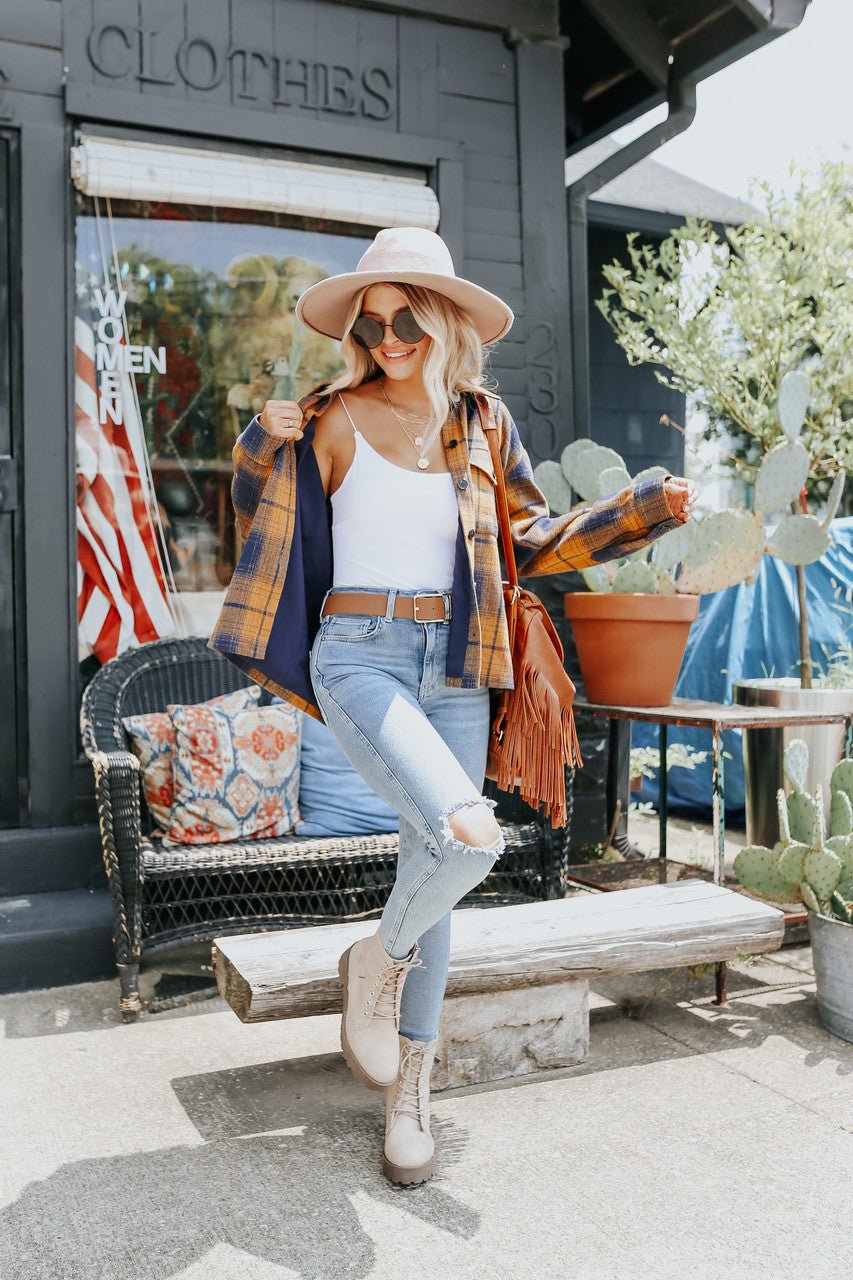 Sundance Navy & Orange Plaid Shacket - Magnolia Boutique