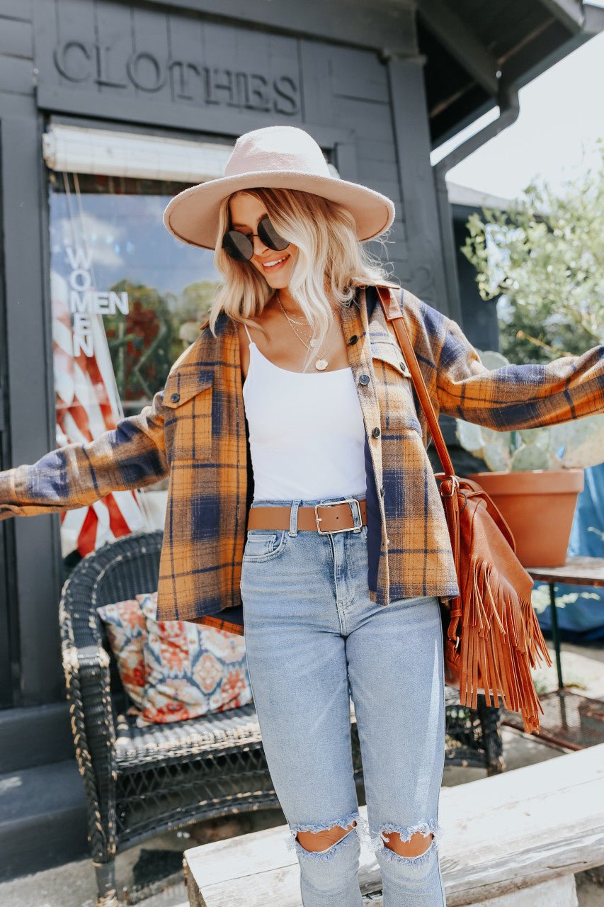 Sundance Navy & Orange Plaid Shacket - Magnolia Boutique